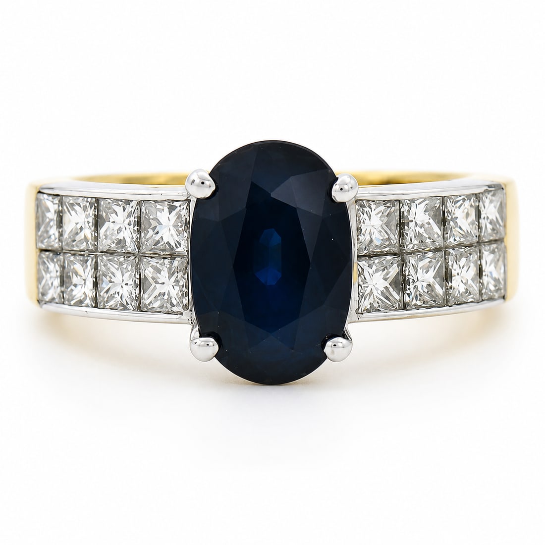 18k TT Gold Sapphire Solitaire & Diamond Ring: 18k TT Gold 3.45ctw Large Oval Sapphire Solitaire & Princess Cut Diamond Ring. This beautiful sapphire solitaire ring is crafted in solid 18k yellow and white gold and features amazing, dual row