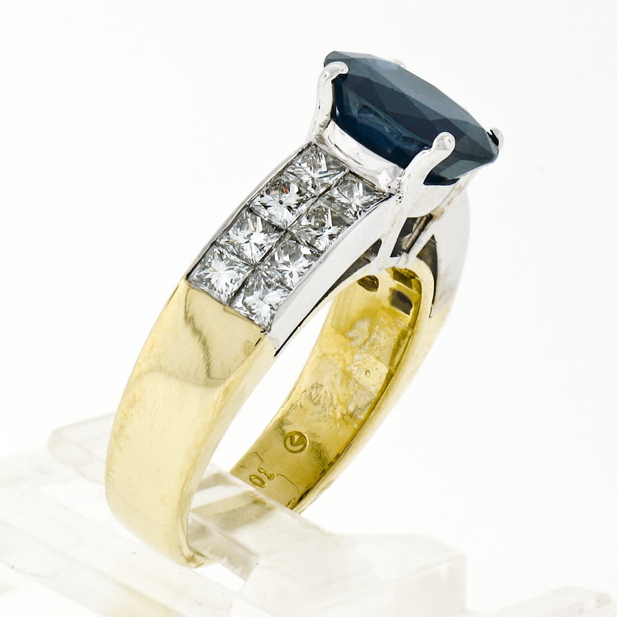 18k TT Gold Sapphire Solitaire & Diamond Ring - 7