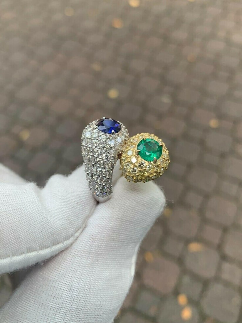 18k Gold Sapphire & Emerald Diamond Snake Bypass Ring - 10