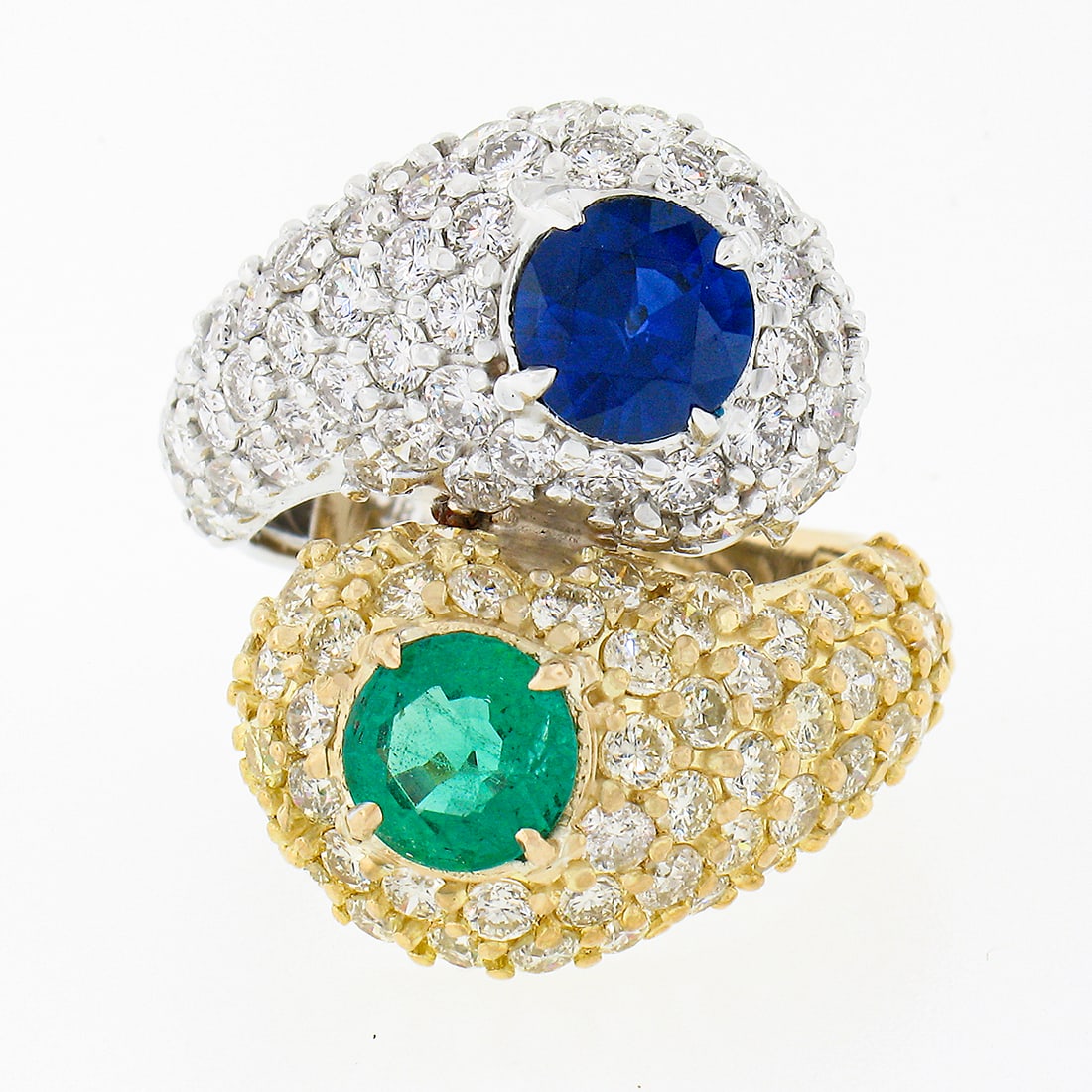 18k Gold Sapphire & Emerald Diamond Snake Bypass Ring: 18k TT Gold 6.20ctw Sapphire & Emerald Fancy Diamond Snake Bypass Cocktail Ring. Here we have a truly stunning ring which is crafted in solid 18k yellow and white gold featuring an elegant bypass