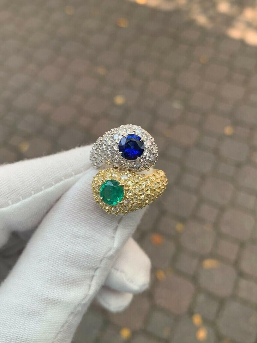 18k Gold Sapphire & Emerald Diamond Snake Bypass Ring - 8