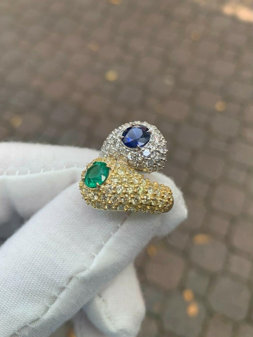 18k Gold Sapphire & Emerald Diamond Snake Bypass Ring - 9