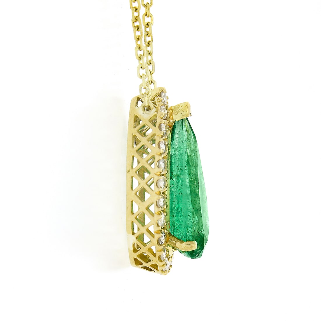 18K Gold Pear Emerald w/ Diamond Halo Teardrop Pendant - 2