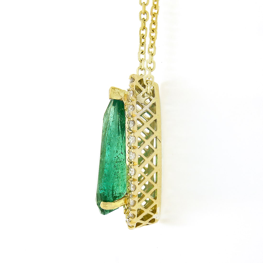 18K Gold Pear Emerald w/ Diamond Halo Teardrop Pendant - 3