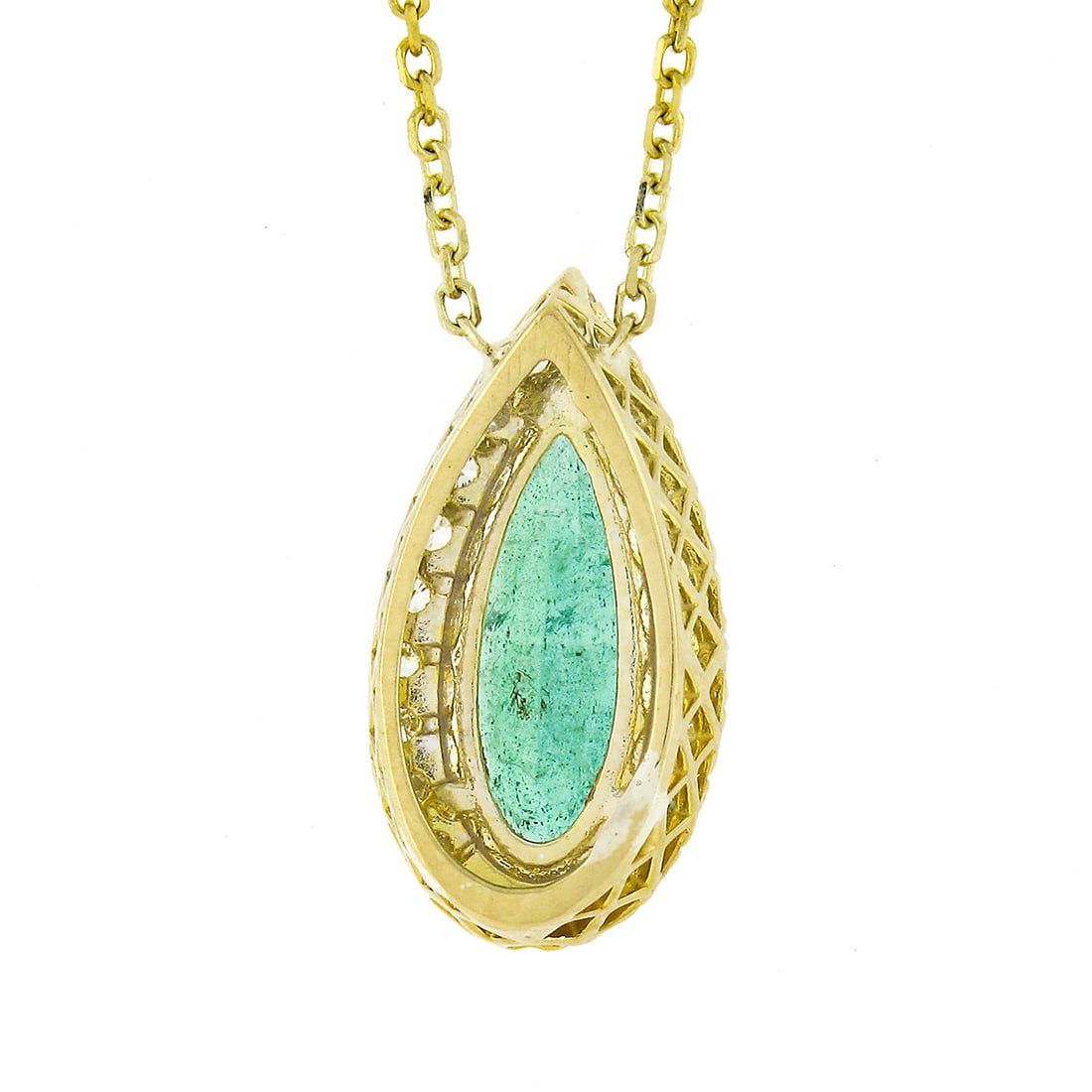 18K Gold Pear Emerald w/ Diamond Halo Teardrop Pendant - 4