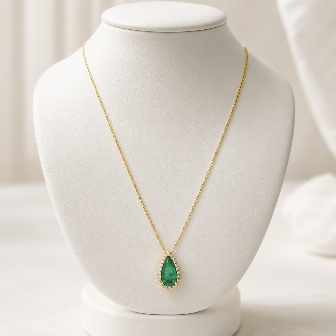 18K Gold Pear Emerald w/ Diamond Halo Teardrop Pendant - 6