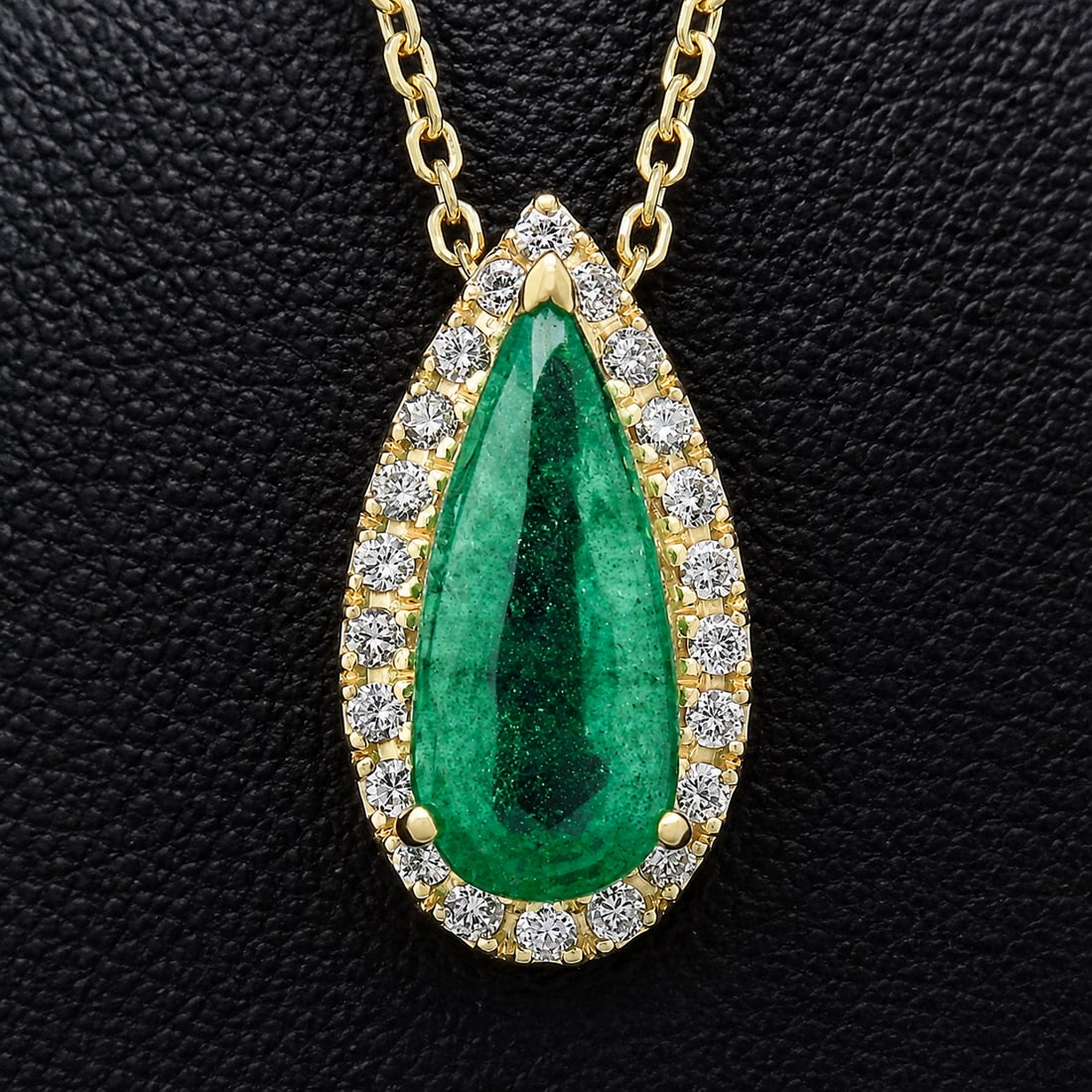 18K Gold Pear Emerald w/ Diamond Halo Teardrop Pendant - 7