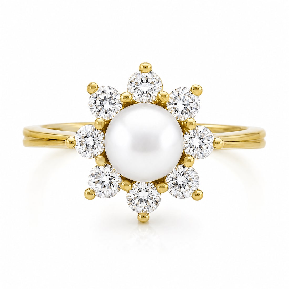 NEW 18k Gold Pearl Diamond Flower Cluster Ring: NEW Classic 18k Yellow Gold 5.25mm Pearl .40ct Round Diamond Flower Cluster Ring. This classic pearl and diamond flower cluster ring is newly crafted in solid 18k yellow gold. It is neatly set at the
