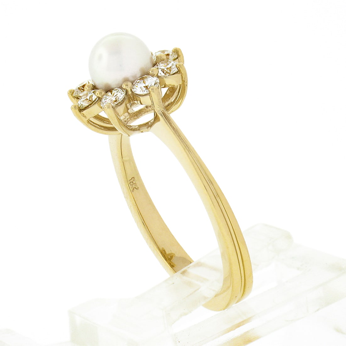 NEW 18k Gold Pearl Diamond Flower Cluster Ring - 5