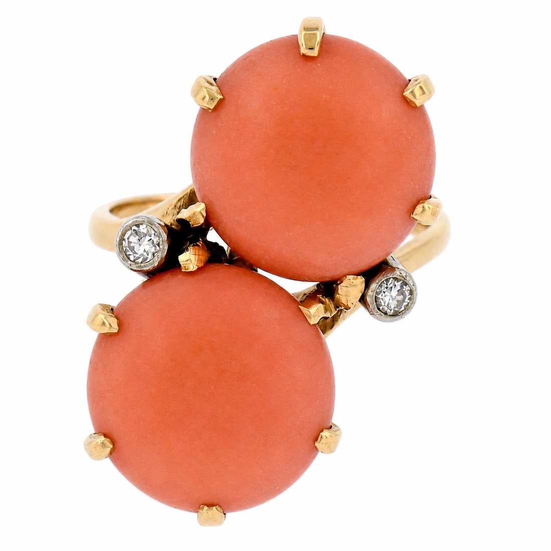 14K Gold Round Button Coral & Diamond Large Bypass Ring: Vintage 14K Yellow Gold Round 13.1mm Button Coral & Diamond Large Bypass Ring. You are looking at a gorgeous vintage cocktail ring crafted in solid 14k yellow gold and features large bypass design