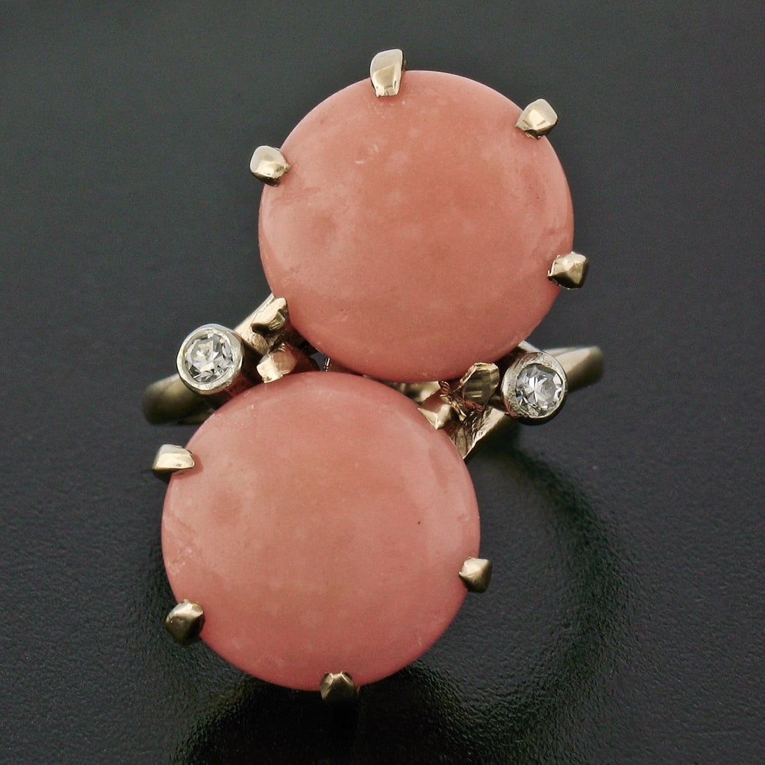 14K Gold Round Button Coral & Diamond Large Bypass Ring - 2