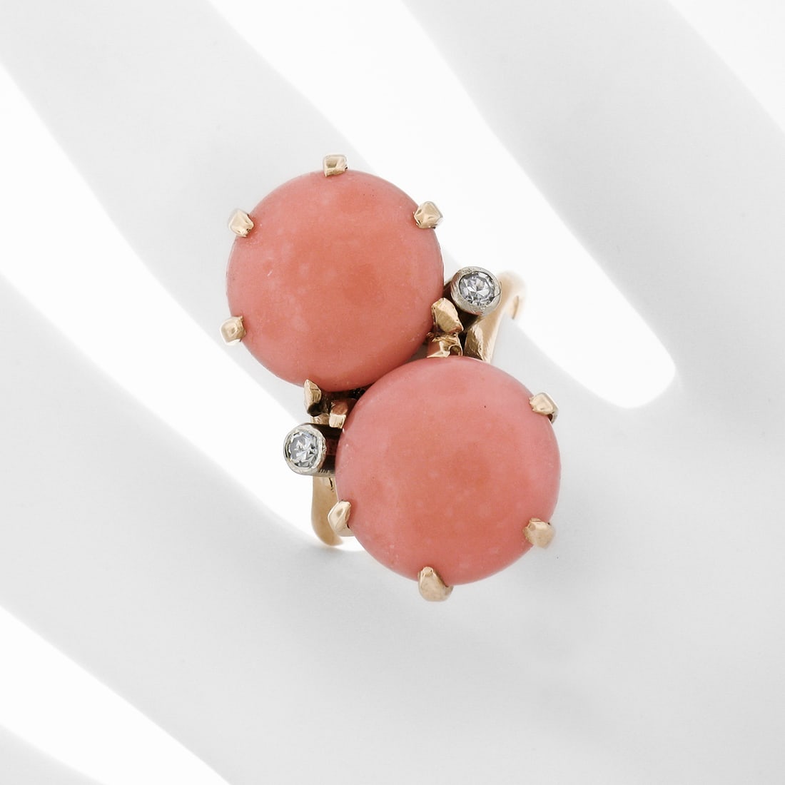 14K Gold Round Button Coral & Diamond Large Bypass Ring - 3