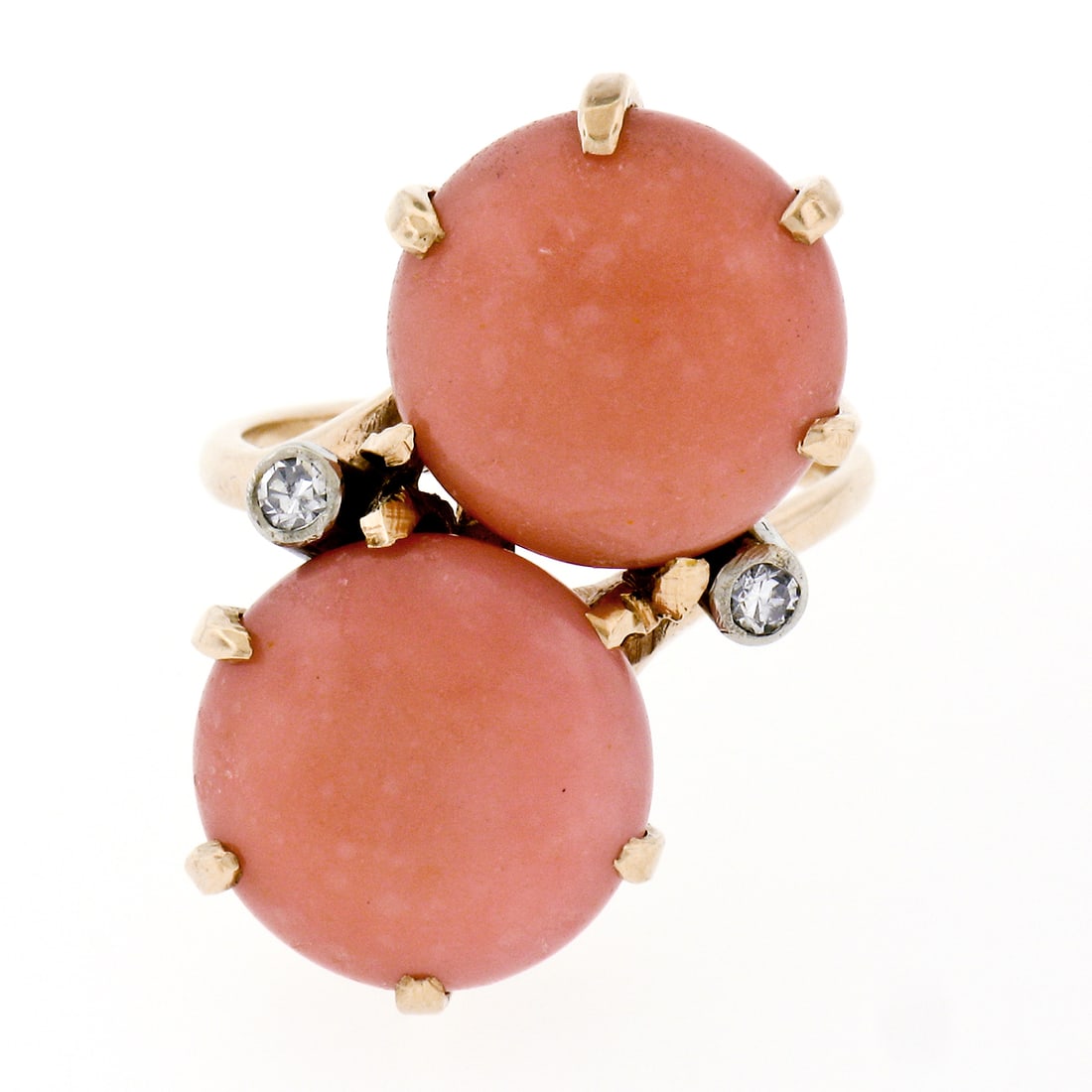 14K Gold Round Button Coral & Diamond Large Bypass Ring - 4