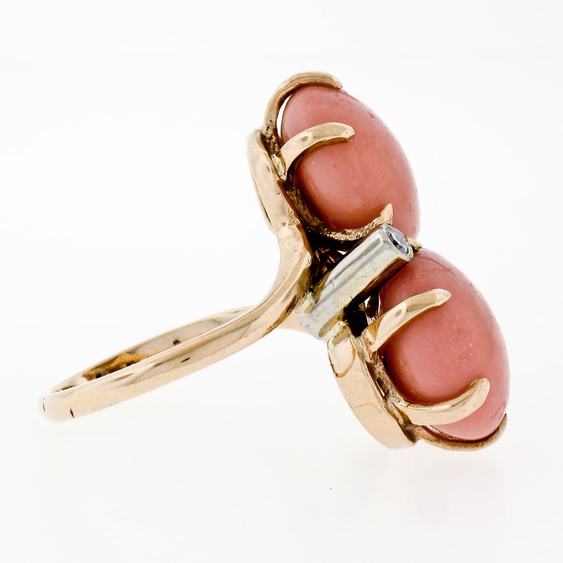 14K Gold Round Button Coral & Diamond Large Bypass Ring - 5