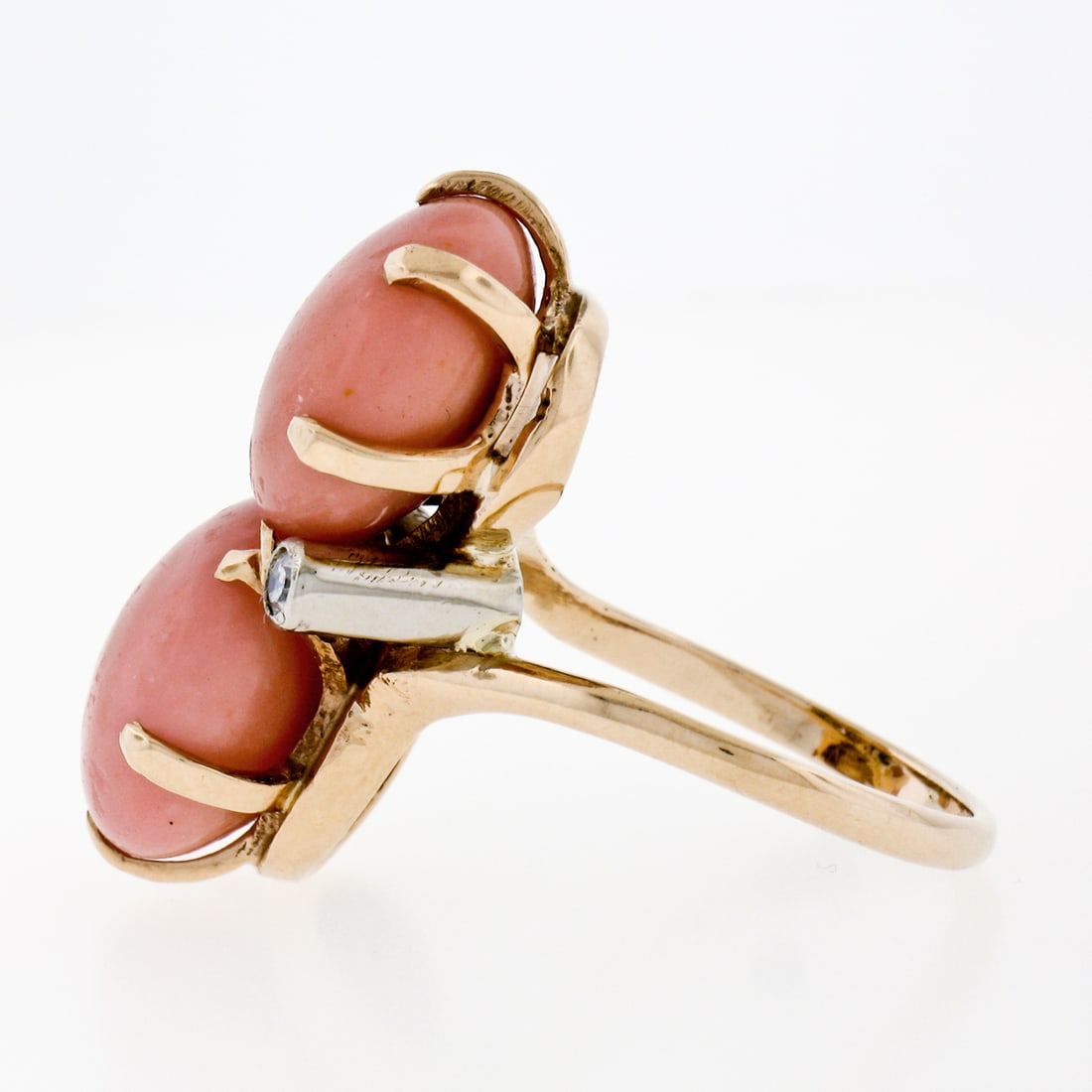 14K Gold Round Button Coral & Diamond Large Bypass Ring - 6