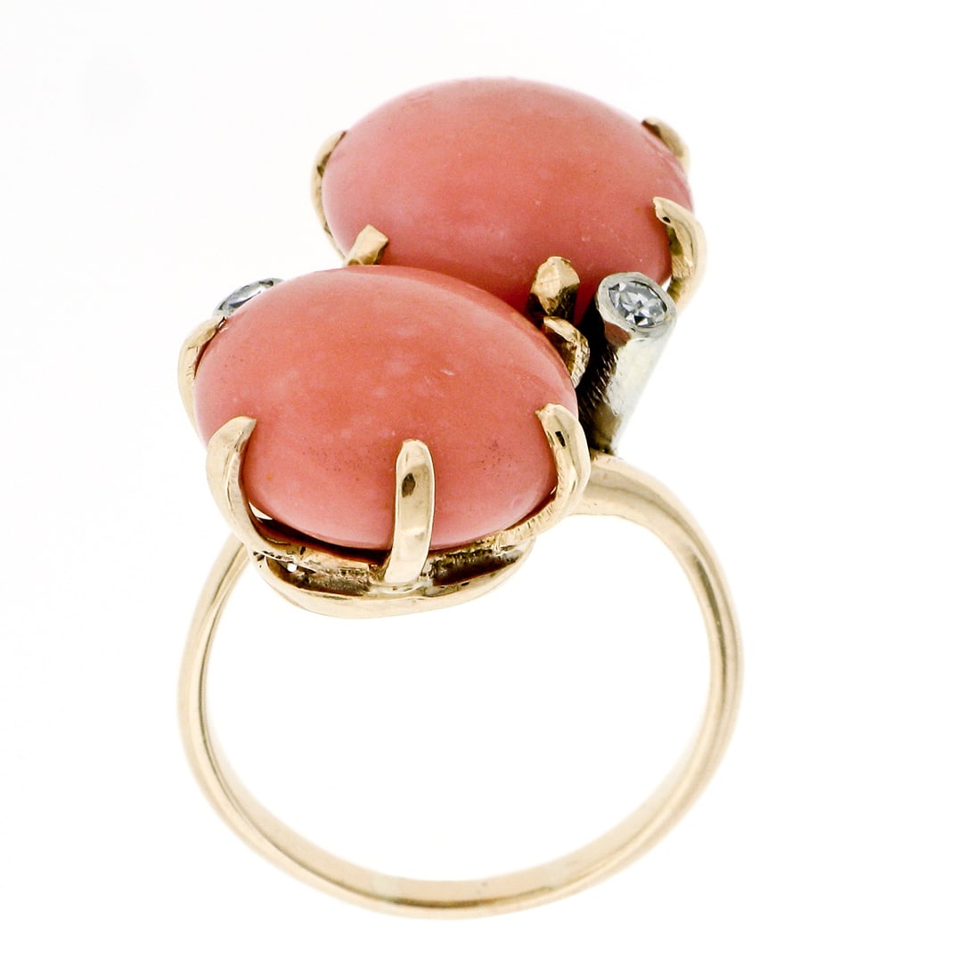 14K Gold Round Button Coral & Diamond Large Bypass Ring - 7