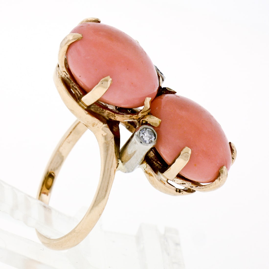 14K Gold Round Button Coral & Diamond Large Bypass Ring - 9
