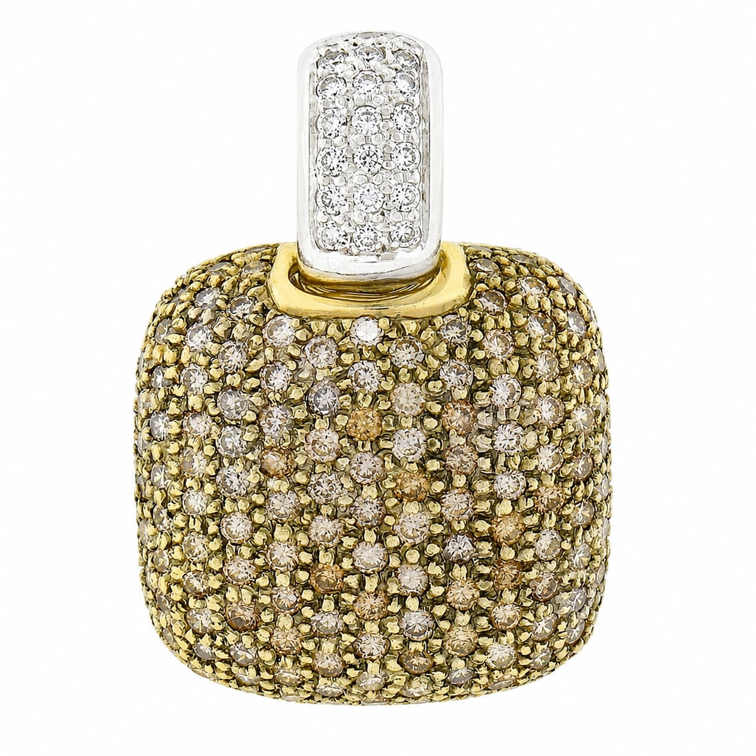 18K TT Gold White & Champagne Diamond Pendant: 18K TT Gold 2.29ctw White & Champagne Diamond Large Cushion Enhancer Pendant. You are looking at a gorgeous enhancer pendant that was crafted in solid 18k yellow and white gold. This large pendant