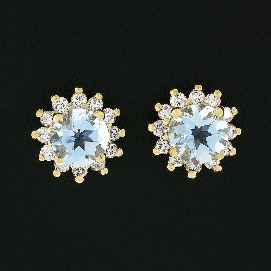 NEW 14k Gold Aquamarine Diamond Halo Cluster Earrings - 6