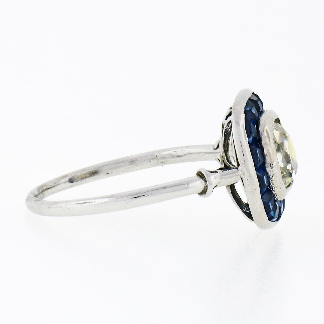 Art Deco Platinum Cushion Diamond & Sapphire Halo Ring - 2