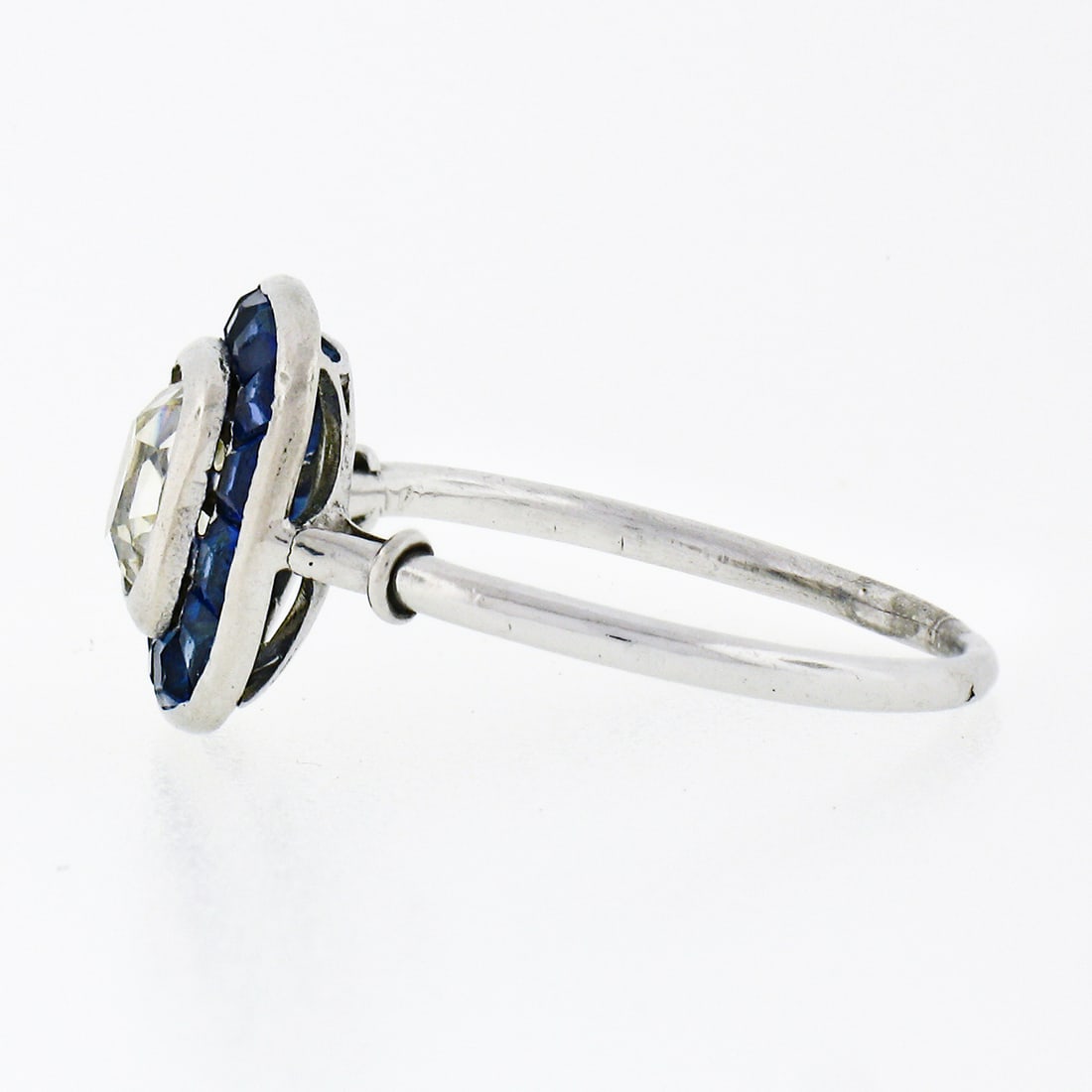 Art Deco Platinum Cushion Diamond & Sapphire Halo Ring - 3