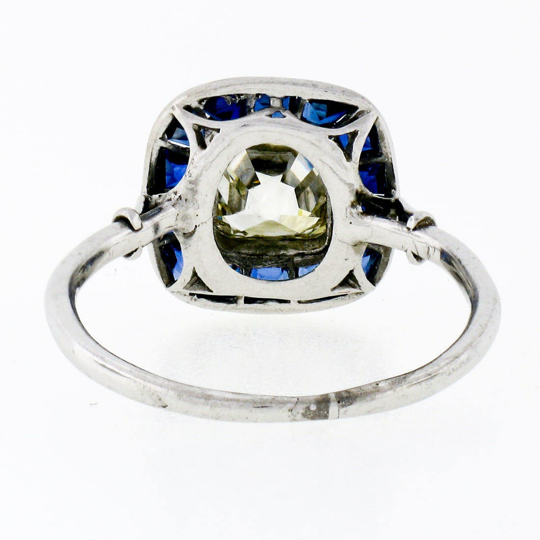 Art Deco Platinum Cushion Diamond & Sapphire Halo Ring - 4