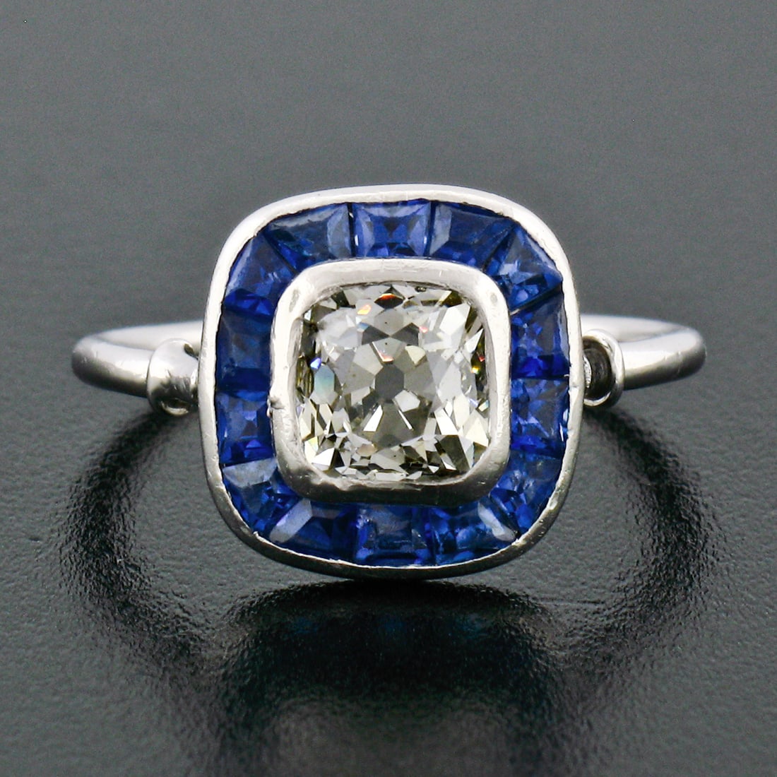 Art Deco Platinum Cushion Diamond & Sapphire Halo Ring - 7