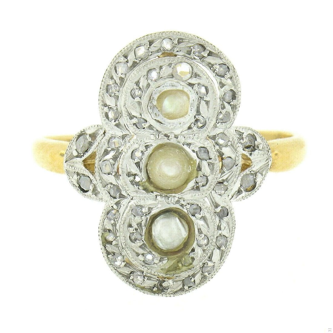 Edwardian 18K Gold & Platinum Diamond Pearl Tulip Ring - 2