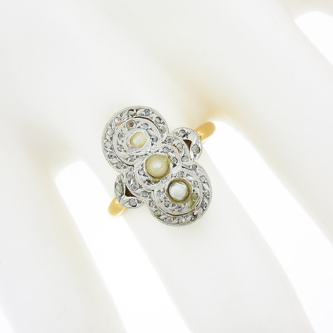 Edwardian 18K Gold & Platinum Diamond Pearl Tulip Ring - 7
