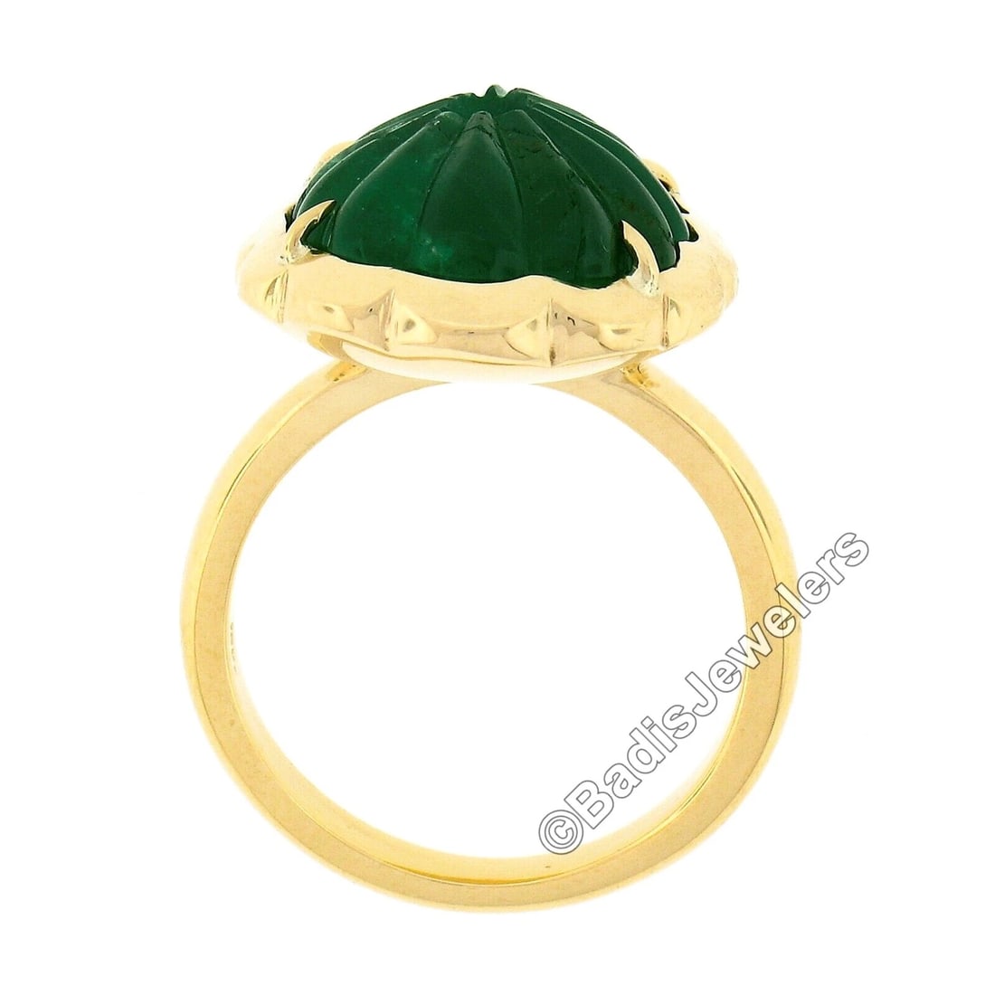 NEW 18K Gold GIA Scalloped Pear Cabochon Emerald Ring - 2