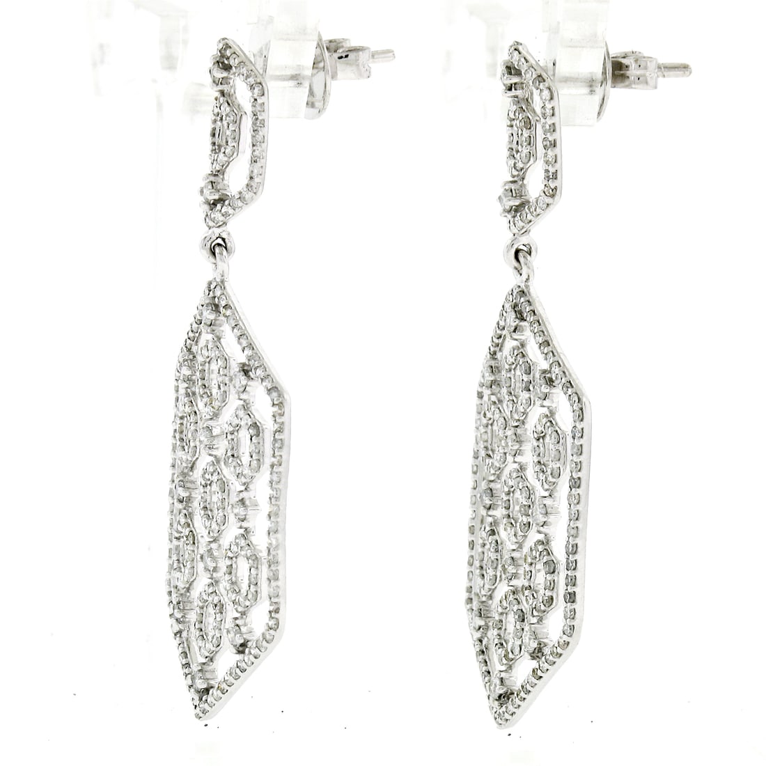 14K Gold Diamond Long Open Beehive Hexagon Earrings - 3