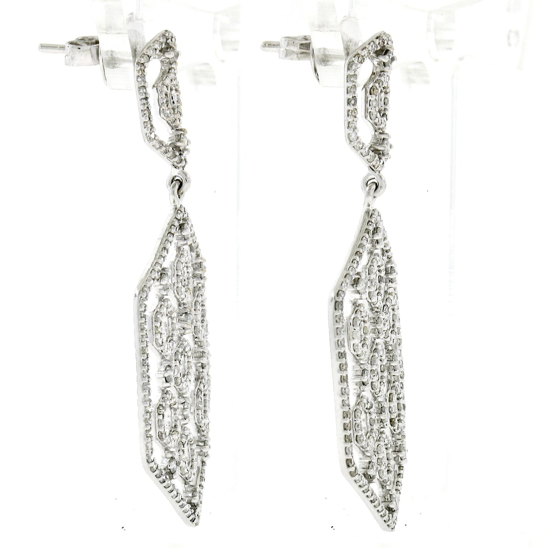 14K Gold Diamond Long Open Beehive Hexagon Earrings - 4