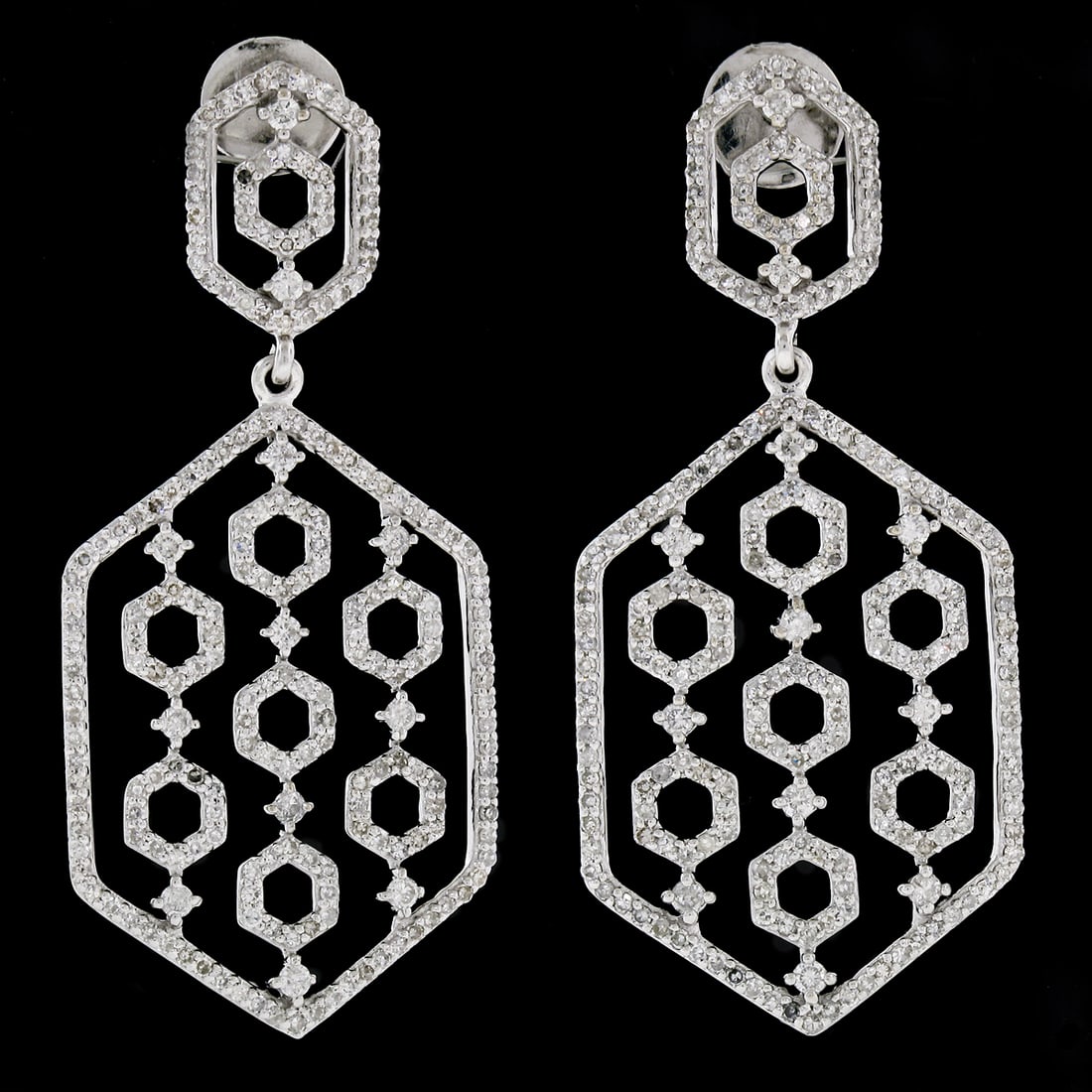 14K Gold Diamond Long Open Beehive Hexagon Earrings - 7