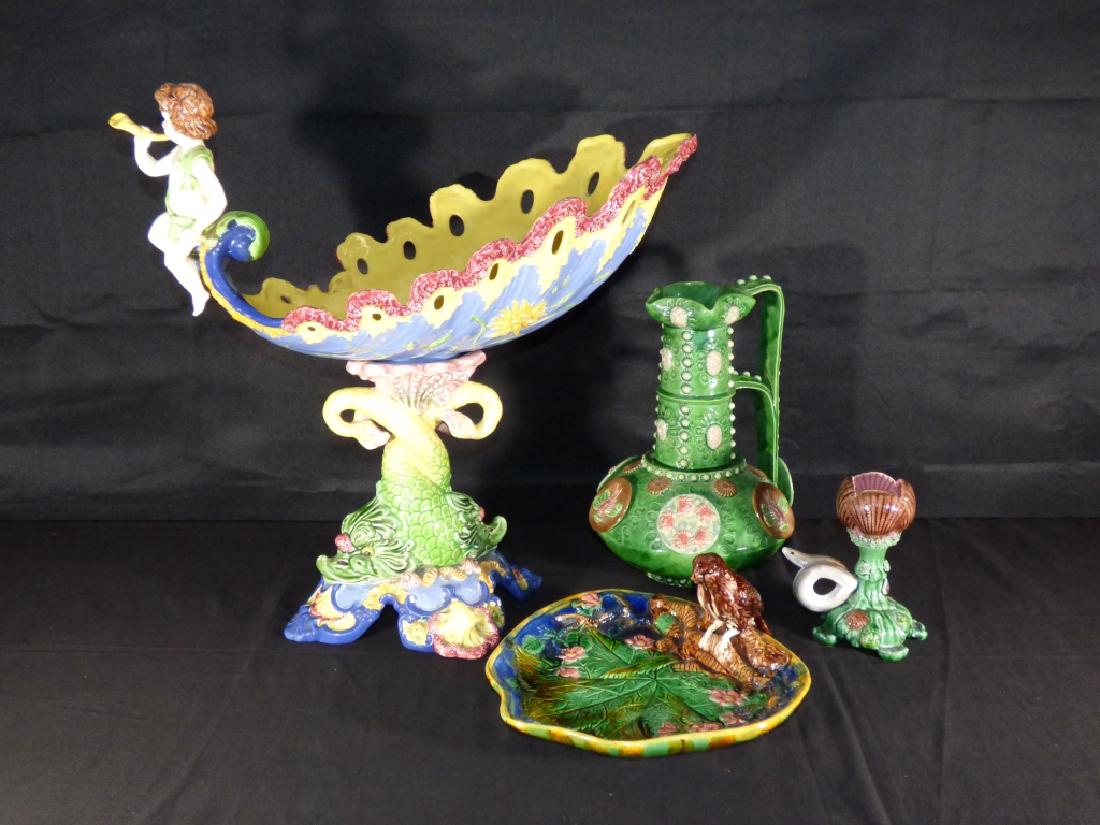 Four Majolica-Style Articles: Size (largest): 19 1/2" L x 12" W x 17 1/2" H