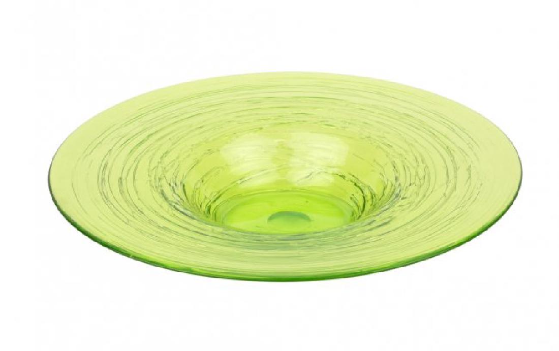 A Threaded Glass Center Bowl: Of transparent yellow-green color and broad, shallow form and having applied threaded decoration, the base with polished pontil. Size: 16 1/2" diameter x 2 3/4" height