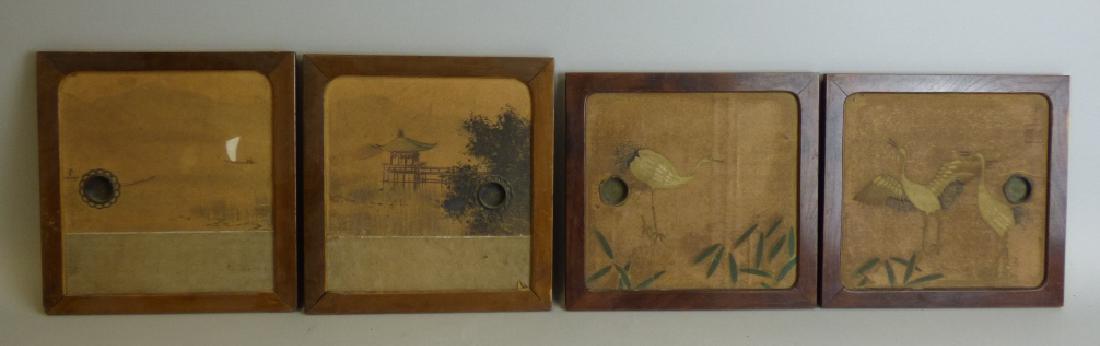Two Pairs of Hand Painted Tansu Cabinet Doors: One depicts a boat on a lake, with the other depicting cranes that is signed. Size : 7 1/2" L x 7 3/4" H, 7 3/4" L x 7 1/4" H