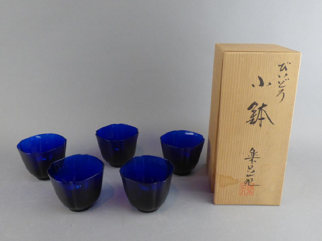 5 Japanese Blue Glass Cups: 3" Dia x 2.75" H in Original Tomobako