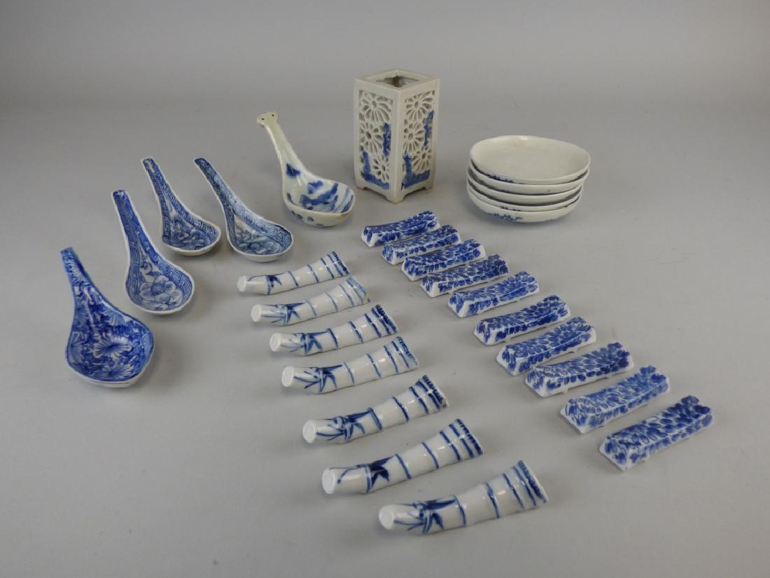 28 Pieces Blue & White Pottery: 17 Chopstick Rests 3.75" H x 2"L x 2" W
