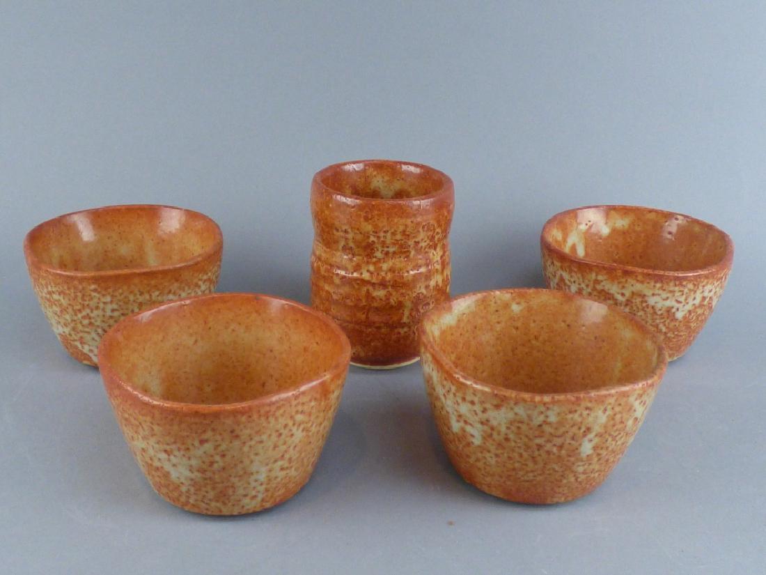 5 Pieces Shino Ware: 4.25" H x 3" Dia - Cup Bowls Marked to Base