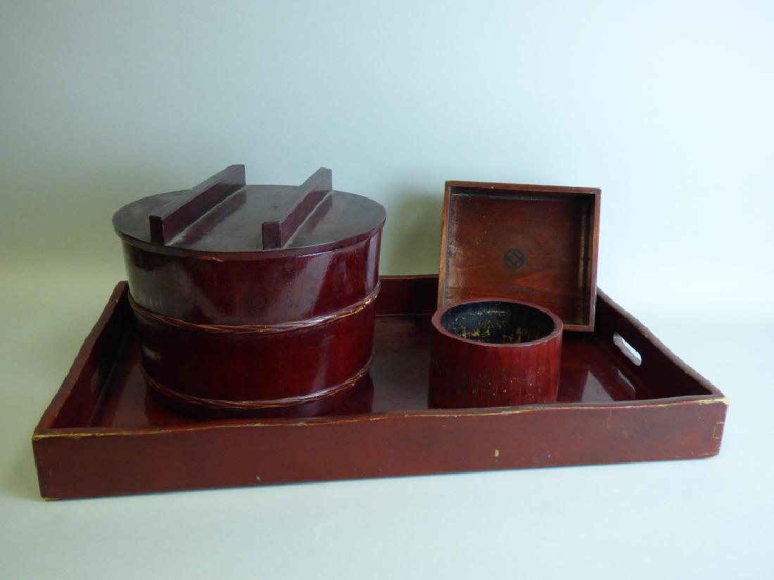 Lot of 4 Lacquer Trays & Containers: Size : 22 1/2" L x 4" W on tray, 8" H x 10 1/2" dia. on container.