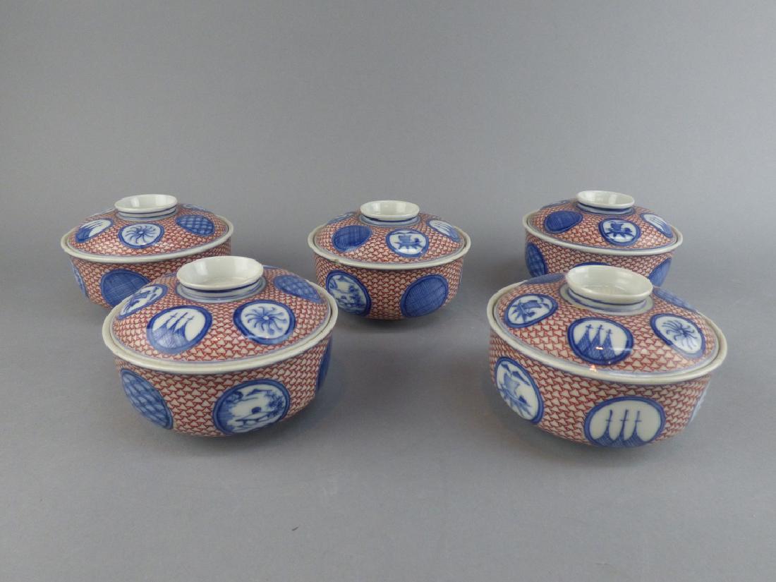 Five Ko-Imari Style Covered Porcelain Bowls: Fuku mark to base 2 with hairline cracks chips on 3 lids 1 bowl with chip