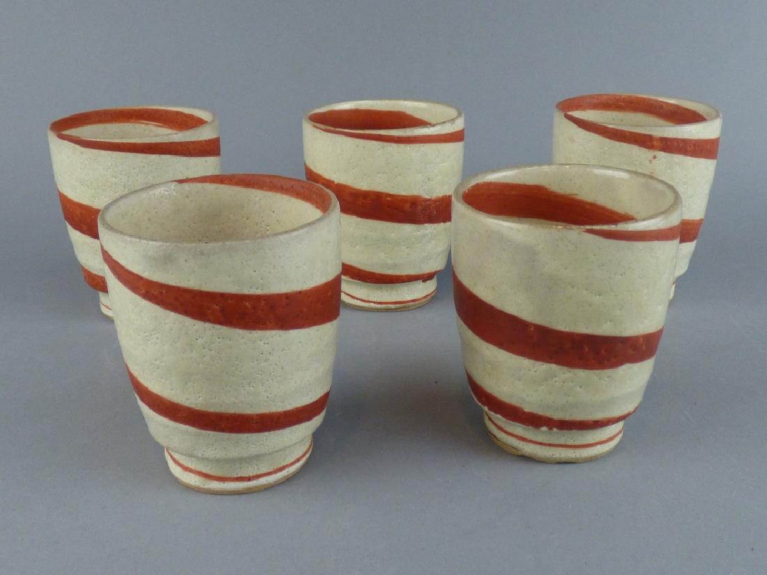 5 Red / White Striped Pottery Cups: 3.5 "H x 3" Dia