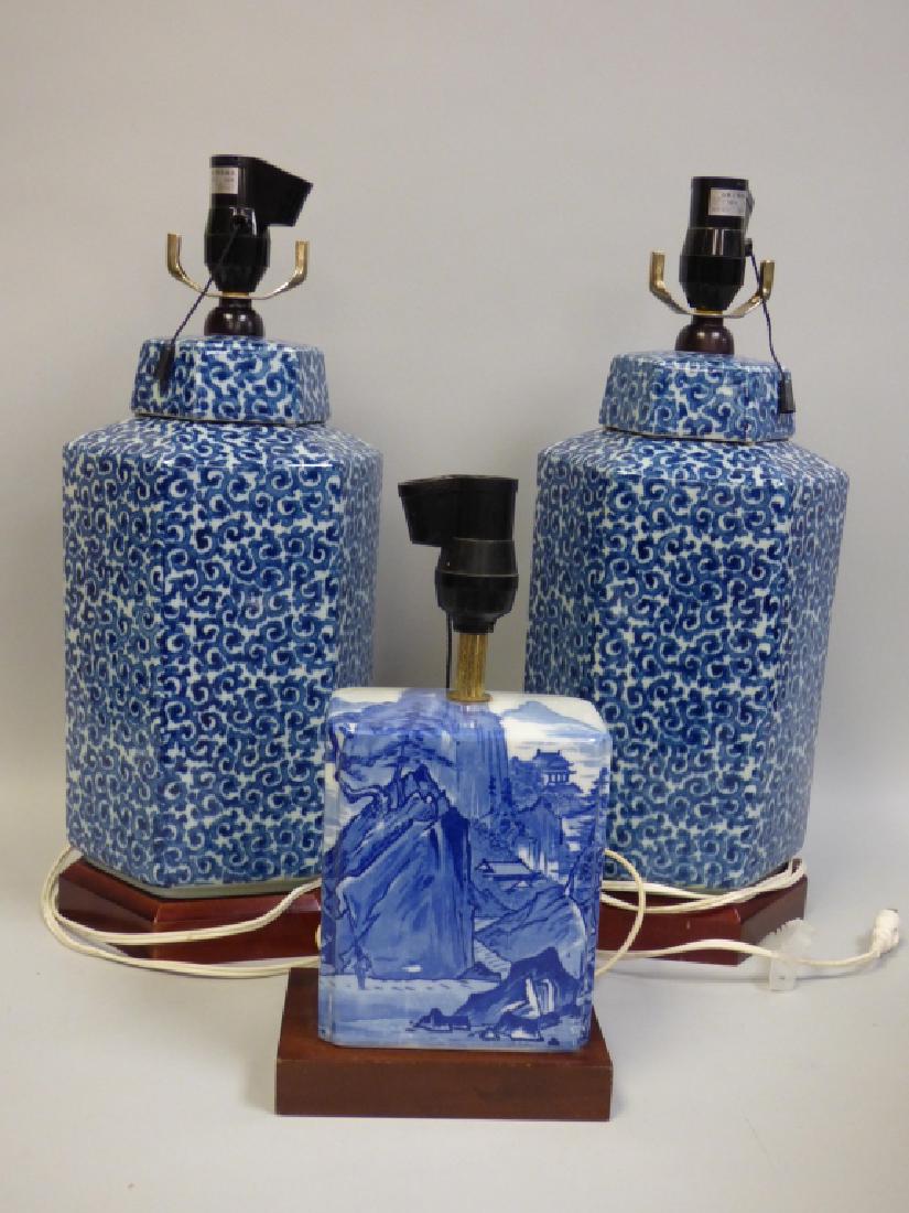 3 Modern Japanese B&W Porcelain Lamps: Size : 17 1/2" H x 6 1/2" dia. on pair of largest lamps.