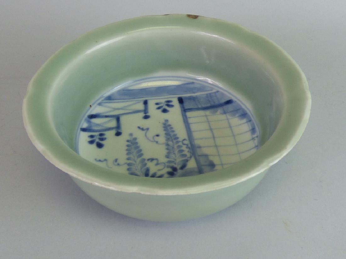 Antique Celadon B/W Porcelain Bowl: Size: 2 3/4" H x 7" dia.