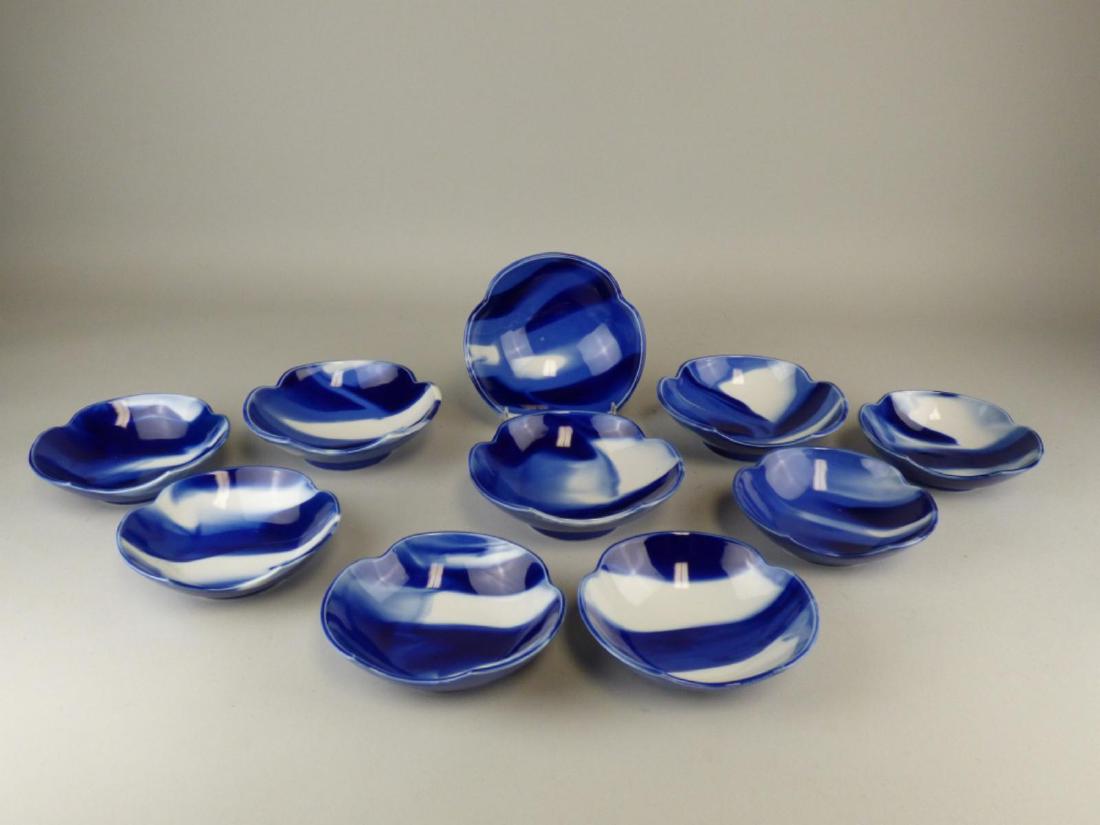 10 Blue & White Japanese Bowls: 6.25" L x 6" W x 2" H 6 Smaller, 4 Larger