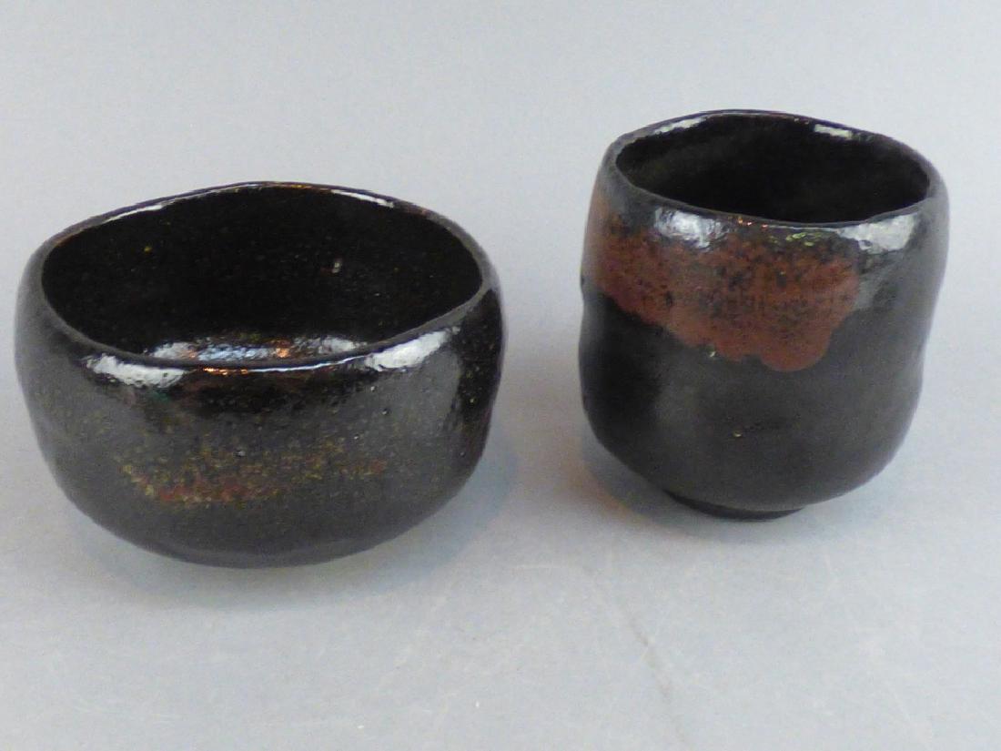 2 Piece Black Glazed Pottery: 4" H x 3.5" Dia - Tallest