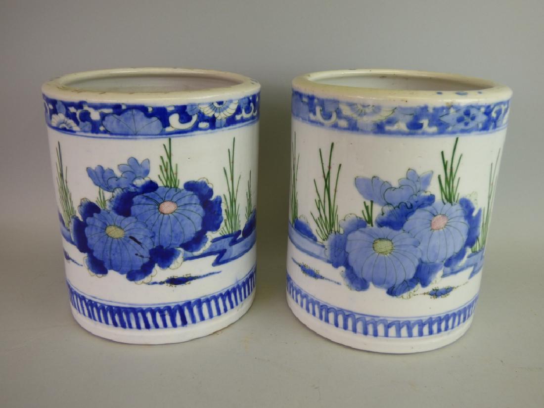 Two B/W Porcelain Hibachi: Size (each): 8 1/2" H x 7 1/8" dia.