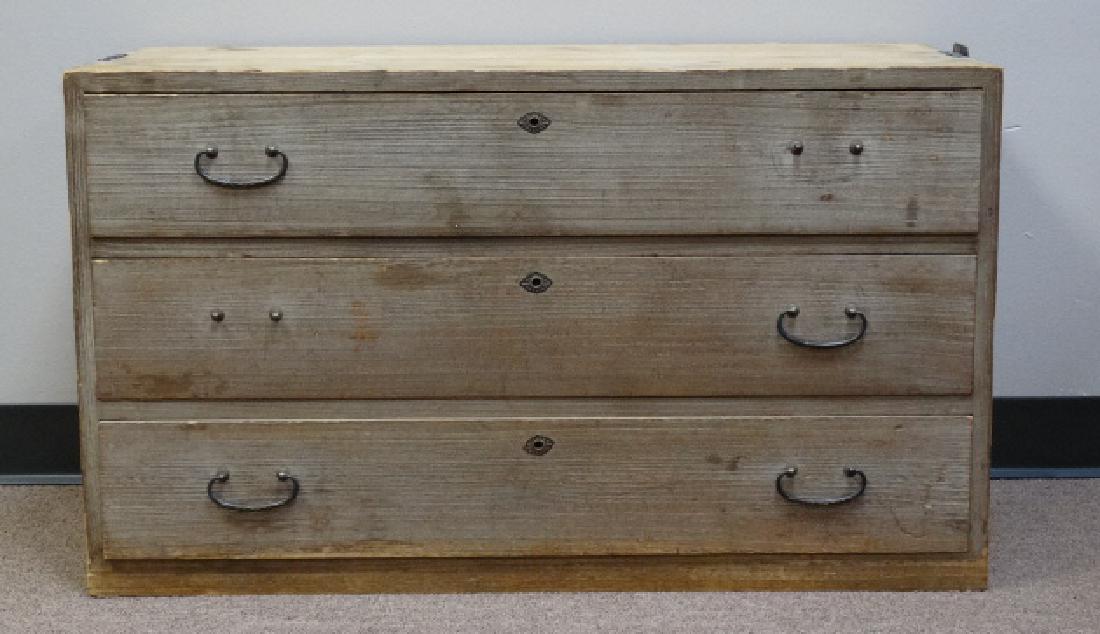 Japanese Isho Tansu Chest - 3 Drawer: Japanese Isho Tansu Chest - 3 Drawer. Missing hardware in the drawers. Missing 1 handle on the end. Size: 20 3/4" H x 35 1/2" L x 15 3/4" W