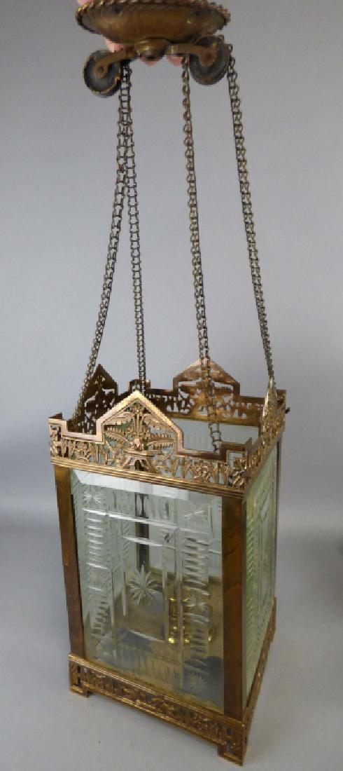 Brass and Cut Glass Gasolier: Size: 8 1/2" L x 8 1/4" W x 15 1/2" H (fixture); 16" L (chain drop); 4 3/8" L x 3 1/8" W x 2" D (ceiling cap)