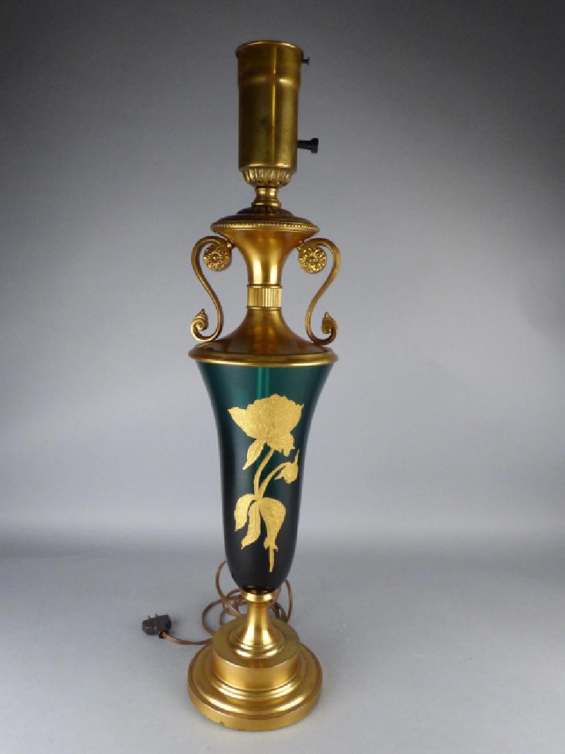 Hollywood Regency Gilt Metal Mounted Art Glass Lam: Size: 7" dia. x 27" H (overall)